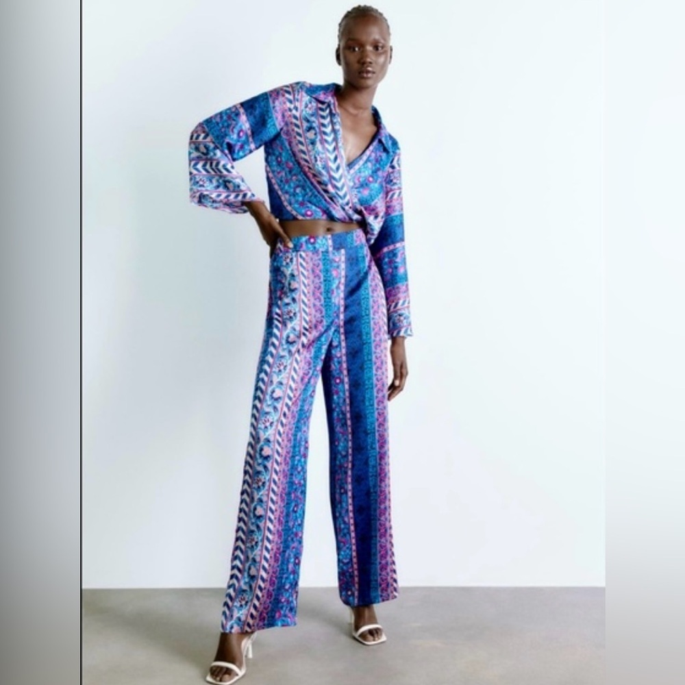 💙Zara Multicolored Satin Effect Printed Wide Leg Pants💙SZ XS